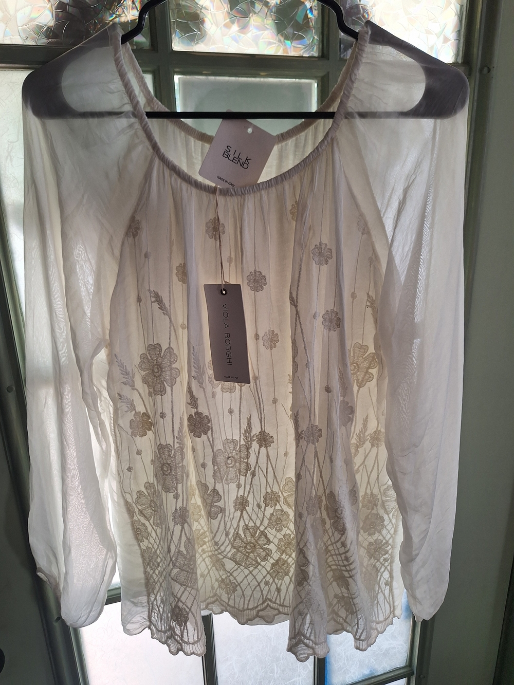 "NWT Viola Borghi Made In Italy Sheer Embroidered Peasant Blouse"